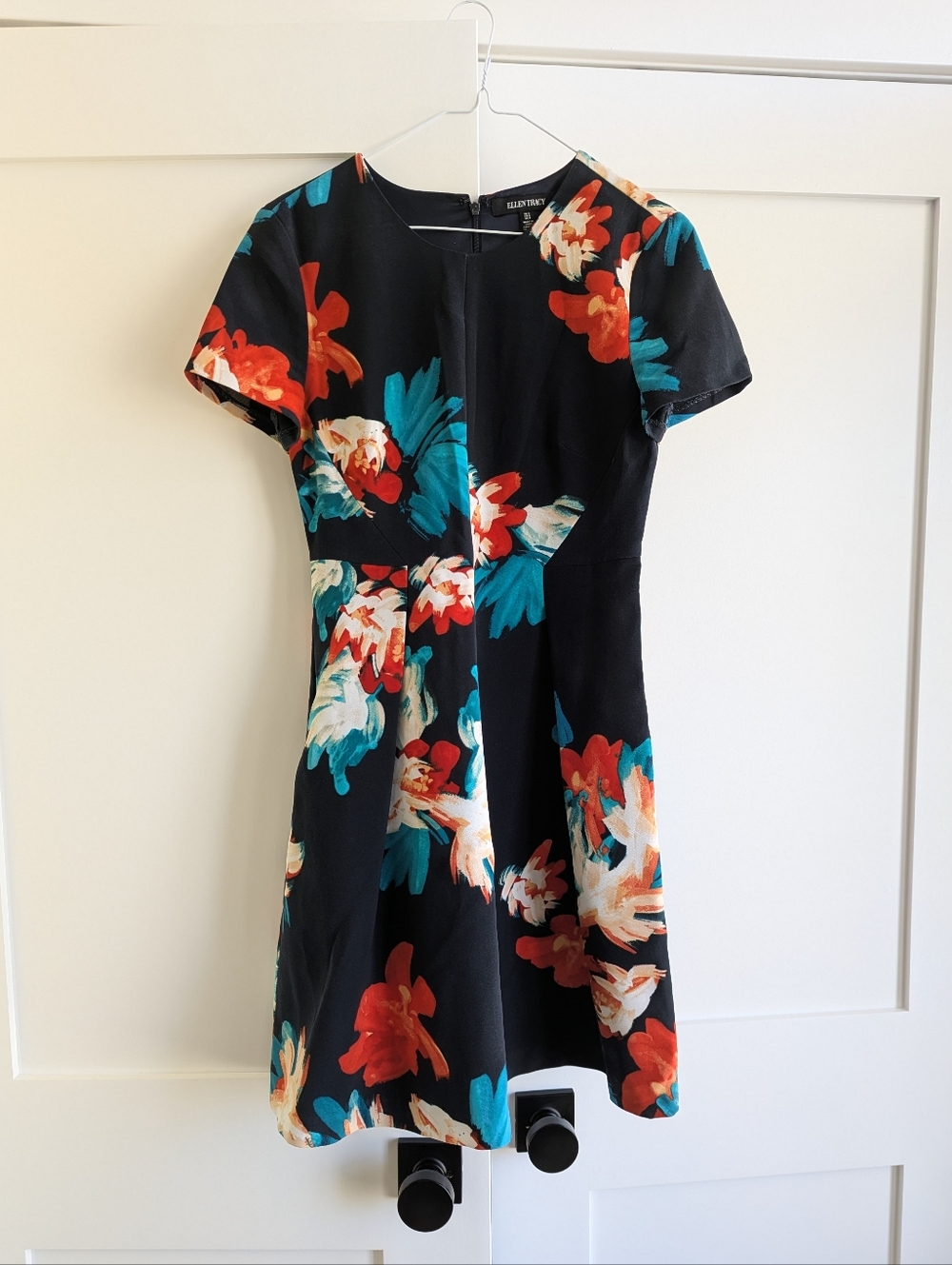 Ellen Tracy Navy Mini Dress with Teal & Red Floral Print